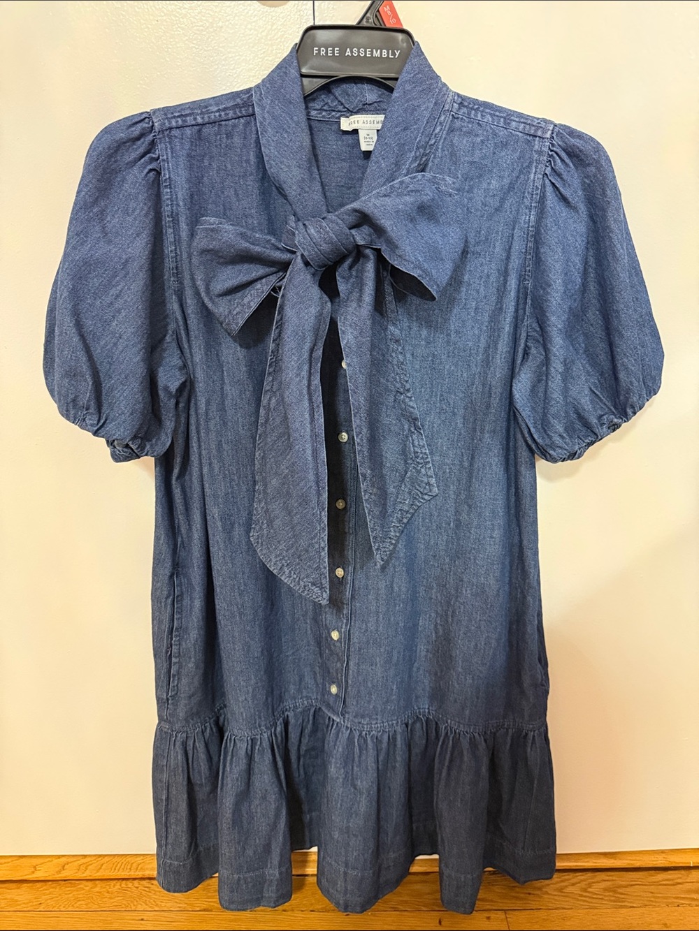 Free Assembly Blue Denim Tie-Neck Mini Dress